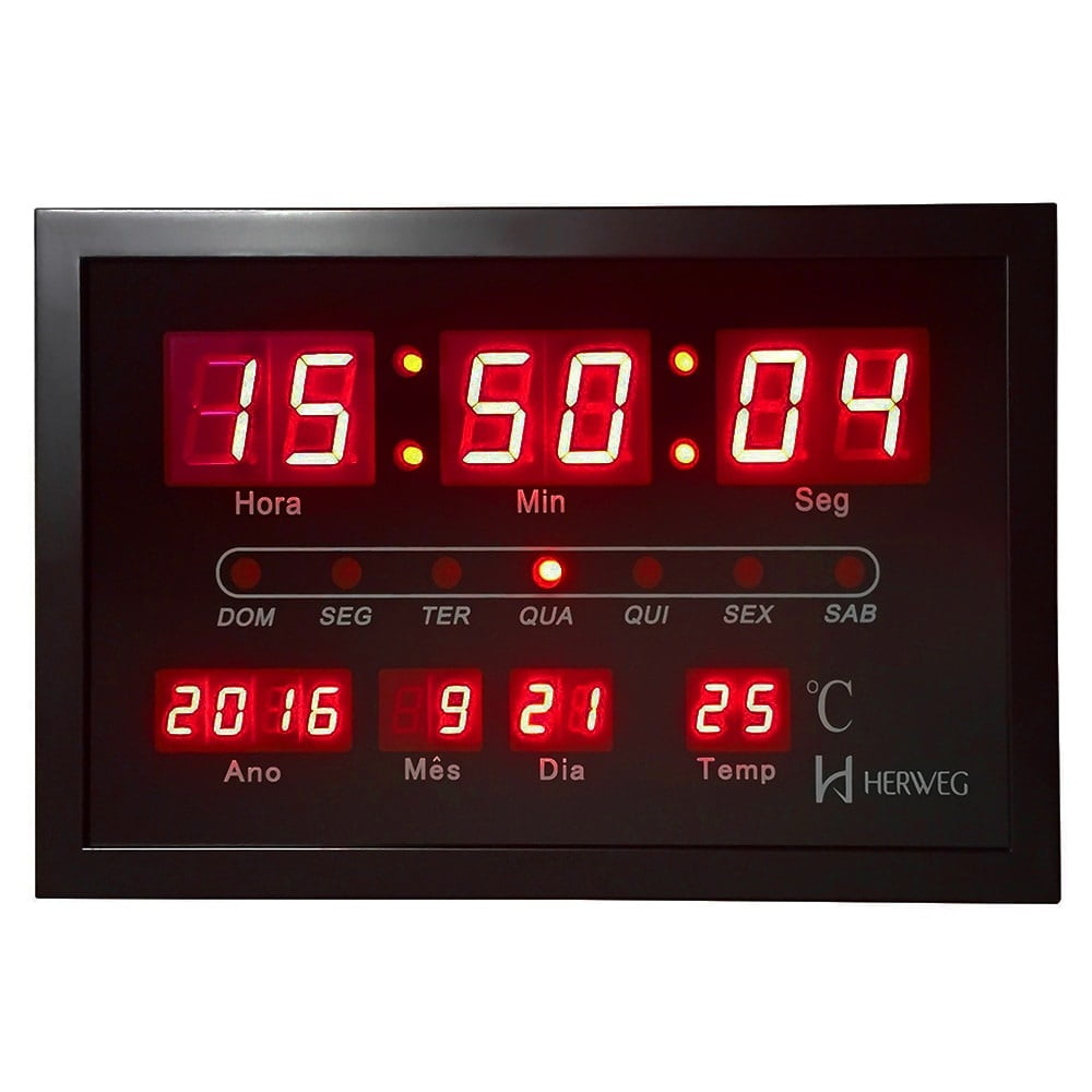 Relógio de Parede Digital Led Herweg Preto Com Calendário e Termômetro 6289 034