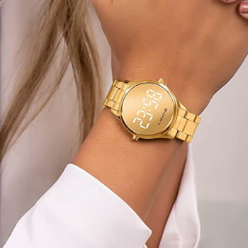 Relógio Feminino Lince Dourado Espelhado Led Redondo MDG4617L BXKX